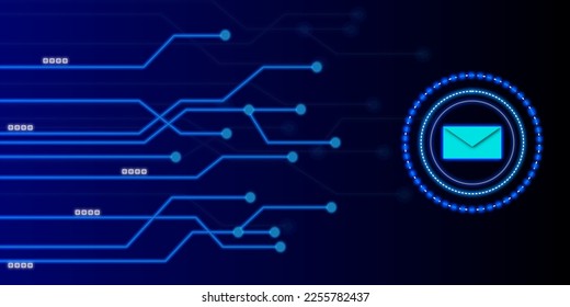 Blue futuristic networking technology with ai mail technology. Artificial Intelligence on deep blue background. Background with hitech digital data.