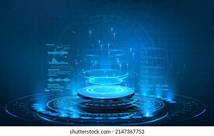 A blue futuristic pedestal or portal with graphs and data on an isolated background, for the presentation of your product. Light aura and glowing hologram. FUI Future space travel technology. Vector