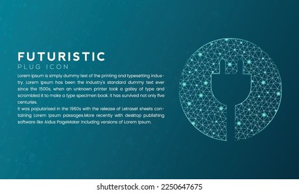 Blue futuristic plug icon concept with polygon node connected dots and neon effect