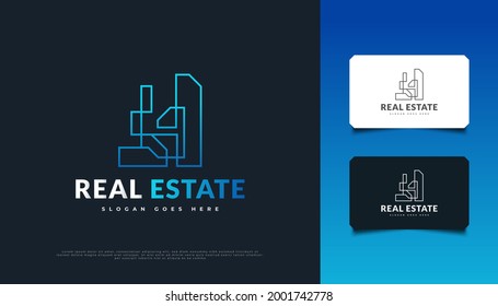 Blue Futuristic Real Estate Logo Design with Line Style. Construction, Architecture or Building Logo Design Template