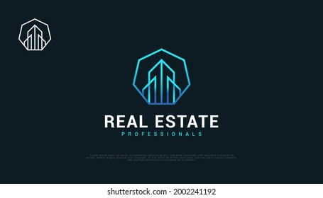 Blue Futuristic Real Estate Logo Design with Line Style. Construction, Architecture or Building Logo Design