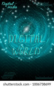 Blue futuristic technological background in cyberpunk style. Digital art. The inscription is painted by hand with brush. Lettering for design of postcards, poster, banner. Vector illustration.