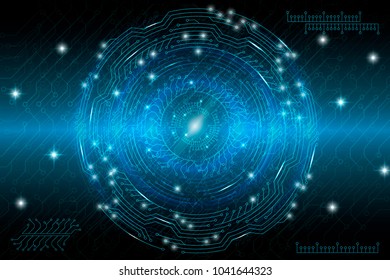 Blue futuristic technological background in cyberpunk style. Digital art. Design of postcards, poster, banner. Vector illustration.