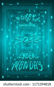 Blue futuristic technological background in cyberpunk style. Cyber monday. The inscription is painted by hand with brush. Lettering for design of postcards, calendar, poster, banner. Vertical format
