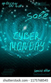 Blue futuristic technological background in cyberpunk style. Cyber monday. The inscription is painted by hand with brush. Lettering for design of postcards, calendar, poster, banner. Vertical format
