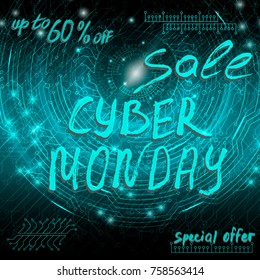 Blue futuristic technological background in cyberpunk style. Cyber monday. The inscription is painted by hand with brush. Lettering for design of postcards, calendar, poster, banner.