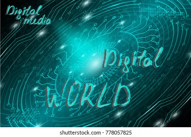Blue futuristic technological background in cyberpunk style. Digital art. The inscription is painted by hand with brush. Lettering for design of postcards, poster, banner. Vector illustration.