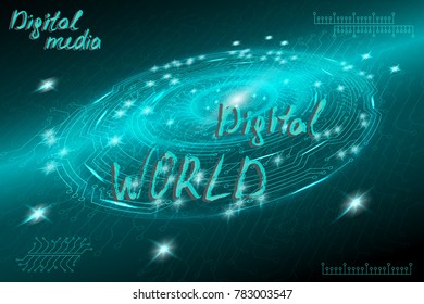 Blue futuristic technological background in cyberpunk style. Digital art. The inscription is painted by hand with brush. Lettering for design of postcards, poster, banner. Vector illustration.