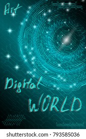 Blue futuristic technological background in cyberpunk style. Digital art. The inscription is painted by hand with brush. Lettering for design of postcards, poster, banner. Vector illustration.