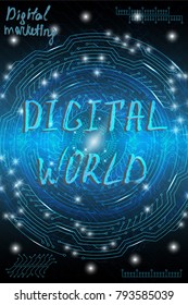 Blue futuristic technological background in cyberpunk style. Digital art. The inscription is painted by hand with brush. Lettering for design of postcards, poster, banner. Vector illustration.