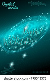 Blue futuristic technological background in cyberpunk style. Digital art. The inscription is painted by hand with brush. Lettering for design of postcards, poster, banner. Vector illustration.