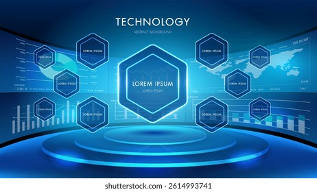Blue Futuristic Technology Abstract Background with glowing hexagonal nodes Data Visualizations,  Modern digital network concept.