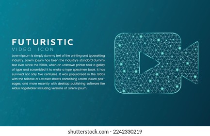 Blue futuristic video icon concept with polygon node connected dots and neon effect