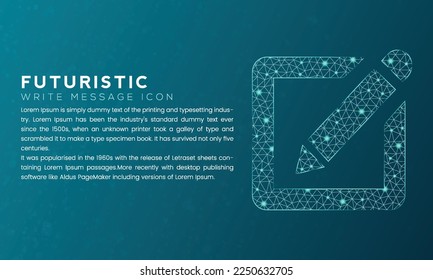 Blue futuristic write message icon concept with polygon node connected dots and neon effect