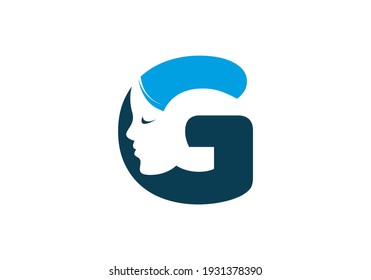Blue G initial letter with silhouette of women face design