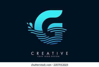 Blue G Letter Logo with Waves and Water Drops Design Vector Illustration.