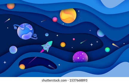 Blue Galaxy Background With Glowing Planets And 3D Paper Cut Out Layers With Stars And Rocket - Colorful Futuristic Banner Design - Modern Vector Illustration.