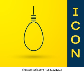 Blue Gallows rope loop hanging icon isolated on yellow background. Rope tied into noose. Suicide, hanging or lynching.  Vector Illustration