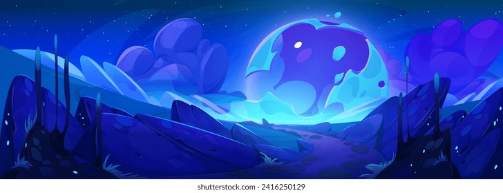 Blue game alien planet surface with glowing celestial body in sky at night. Cartoon vector dark fantasy outer space landscape with cosmic land, rocks and road, magic plants. Fiction cosmos scenery.