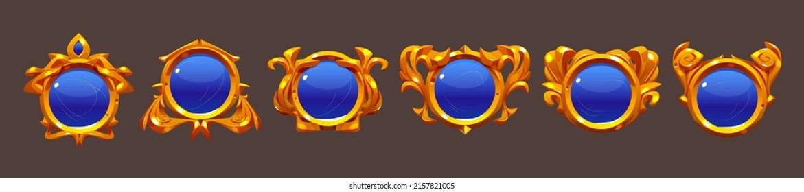 Blue game buttons, achievement badges with golden frames. Vector cartoon set of round icons with gold border in medieval style, circle award labels isolated on background