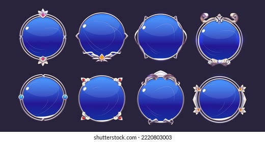 Blue game buttons, achievement badges with silver frames. Vector cartoon set of round icons with steel border in medieval style, circle award labels isolated on background