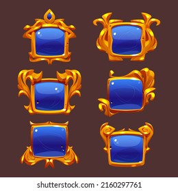 Blue game buttons with gold fantasy frames. Vector cartoon set of old glossy award badges, square achievement labels with decorative golden borders isolated on background