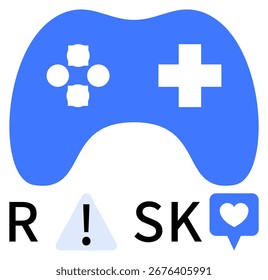 Blue game controller with buttons above the word RISK, which includes a warning triangle and a heart within a speech bubble. Ideal for game design, safety, communication, digital interaction, health