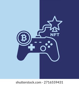 Un icono azul del controlador de juego se representa con un símbolo de Bitcoin en un lado y un símbolo de estrella NFT en el otro, ilustrando la convergencia de juegos, criptomonedas y coleccionables digitales.