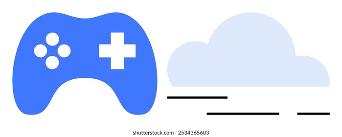 Blue game controller next to a light blue cloud. Ideal for gaming technology, online gaming, digital services, cloud computing, electronic entertainment. Flat design style