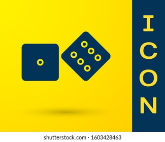 Blue Game dice icon isolated on yellow background. Casino gambling.  Vector Illustration