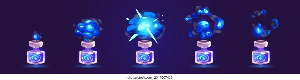 Blue game elixir bottle with cloud animation sprite isolated on background. Potion glass jar with chemical explosion vector 2d set. Witchcraft medication flask with spell evaporation effect and glow