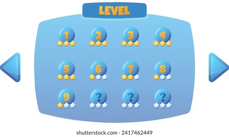 Blue game level selection screen with numbered bubbles and stars. Interface design for mobile game progression. Gamification concept and user interface design vector illustration.