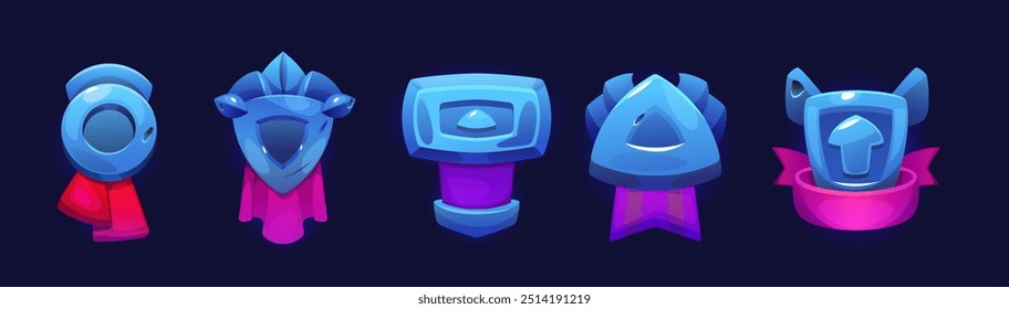 Blue game rank icons set isolated on background. Vector cartoon illustration of round and triangular medals, shield shape award badges decorated with red and pink ribbons, winner insignia trophy