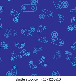 Blue Gamepad and gear icon isolated seamless pattern on blue background. Adjusting app, service concept, setting options, maintenance, repair, fixing. Vector Illustration