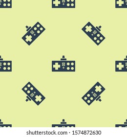 Blue Gamepad icon isolated seamless pattern on yellow background. Game controller.  Vector Illustration