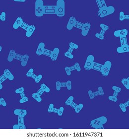 Blue Gamepad icon isolated seamless pattern on blue background. Game controller.  Vector Illustration