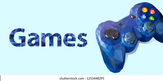 Blue Gamepad on a light background and the inscription "Games" Low Poly Vector EPS 10