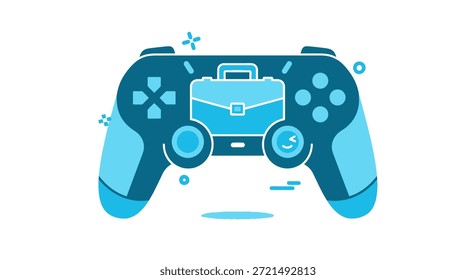 Icono azul del Vector del gamepad con el elemento del maletín. Este diseño fusiona creativamente los conceptos de juego y negocios. La ilustración simboliza la creciente relevancia de la industria del juego en