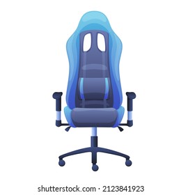 Blue gaming chair vector flat illustration. Comfortable armchair for video game entertainment isolated. Ergonomic furniture, workspace organization, e sport, online tournament, internet championship