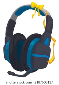 Blue gaming headphones with microphone, decorated with yellow bows for a fabulous gift.