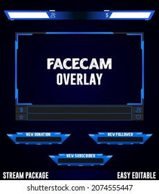 Blue Gaming Stream Overlay, Facecam, Alert Design For Live Stream Gamer	
