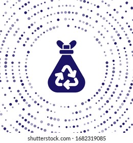 Blue Garbage bag with recycle symbol icon isolated on white background. Trash can icon. Recycle basket sign. Abstract circle random dots. Vector Illustration