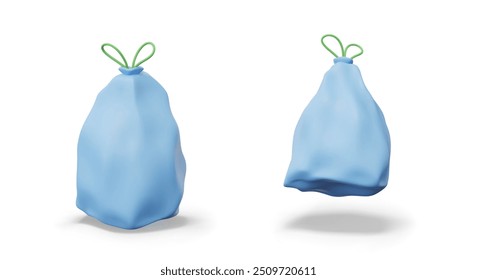 Blue garbage bag is tied. Realistic model in different positions. Opaque garbage bag