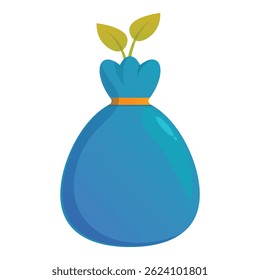 Blue garbage bag with two green leaves growing out of the top symbolizing recycling