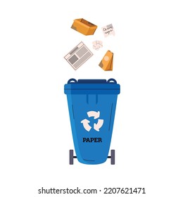 Blue garbage bin with recycle symbol for collecting paper and cardboard, flat vector illustration isolated on white background. Wastes recycling and reuse symbol.
