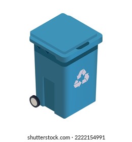 Blue garbage bin with recycling symbol 3d isometric vector illustration