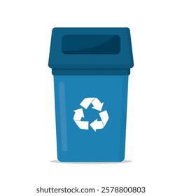 Blue garbage can isolated on white background. Plastic trash bin for recycling and sort waste. Separation and recycle trash. Refuse collection, segregation and reclamation. flat vector illustration