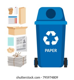 Blue garbage can with paper trash elements, vector illustration