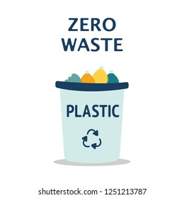 Blue garbage can with plastic garbage elements, illustration