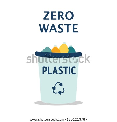 Blue garbage can with plastic garbage elements, illustration